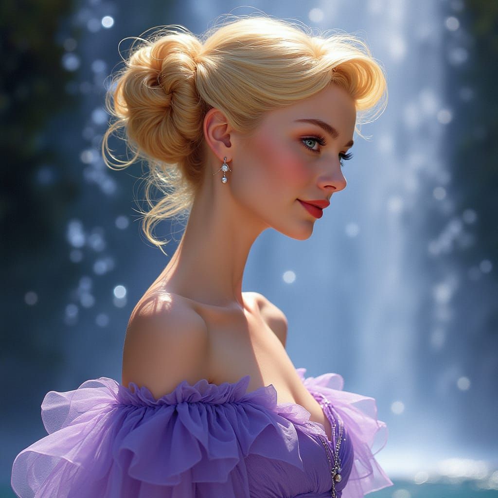 Elegant Blonde Woman Before Waterfall in Pre-Raphaelite Styl...