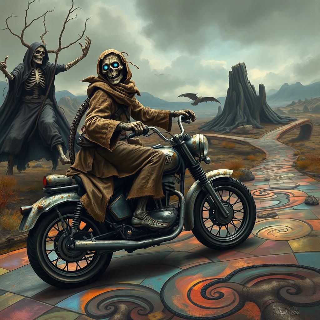 Scarecrow Rides Motorcycle Through Surreal Dreamscape
