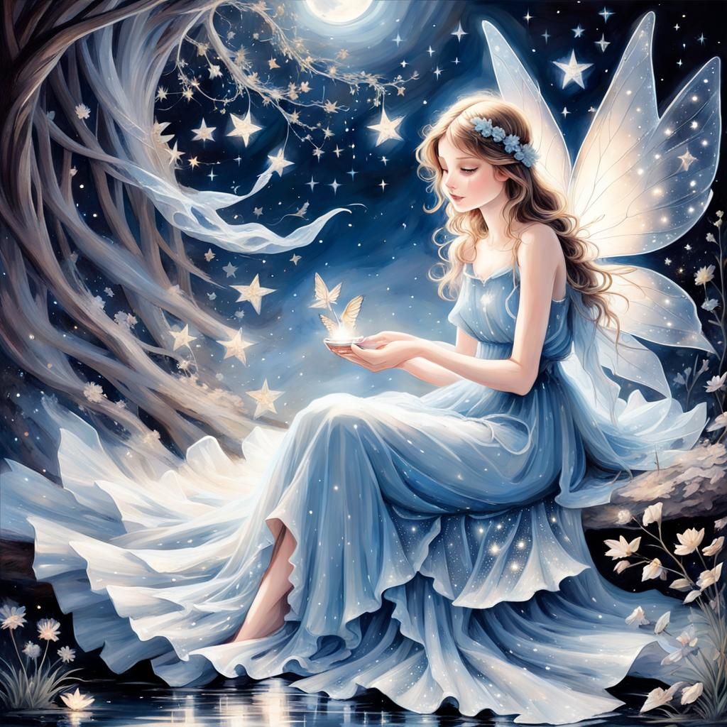 Fairy in Starry Night Holding Magic Dust
