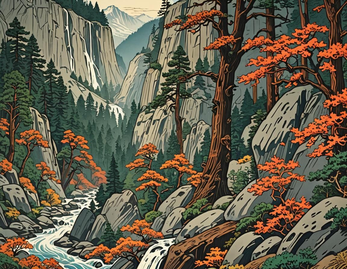 Yosemite in Ukiyo-e Style Woodblock Print