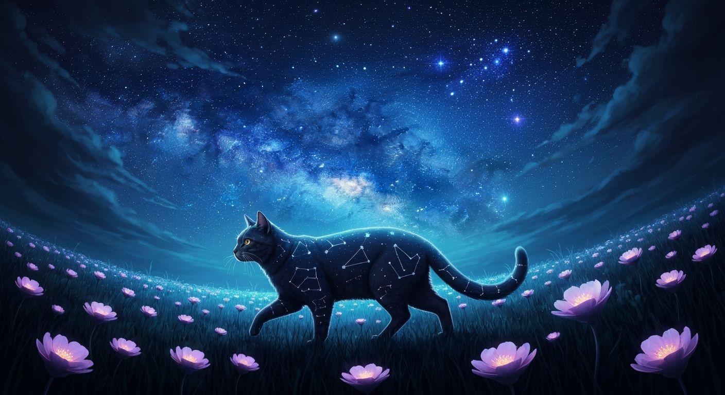 Constellation Cat in Mystical Flower Field