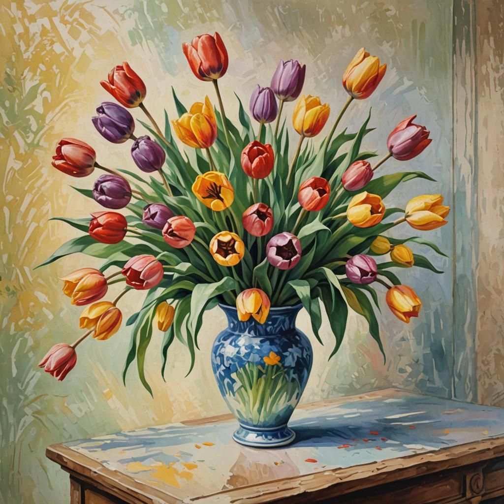 Tulips in Vase: Gouache and Watercolor Impressionism