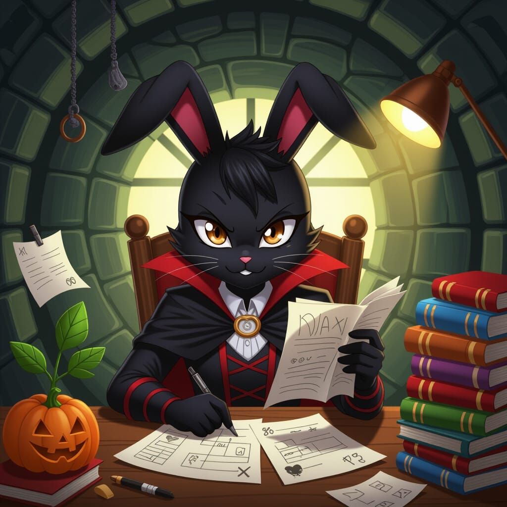 Anime Villain Rabbit Plotting in Secret Hideout