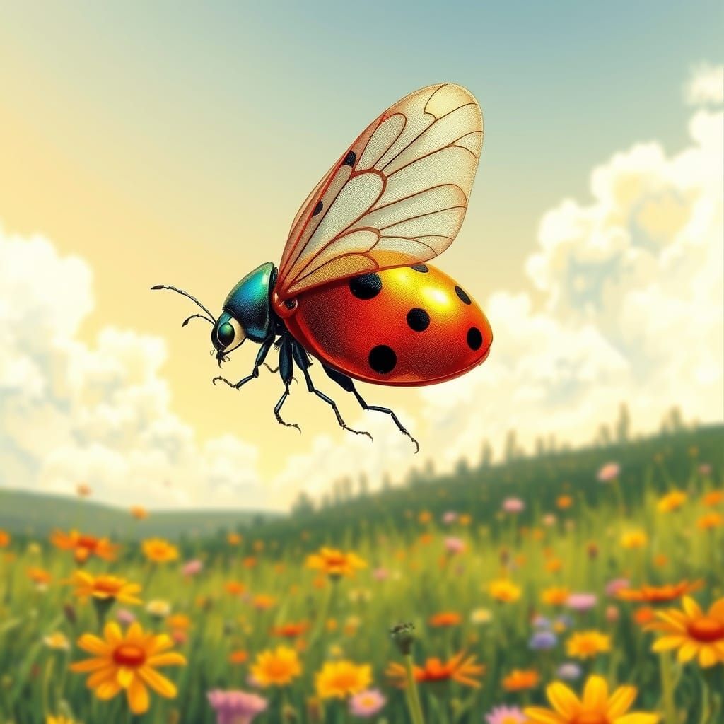 Iridescent Ladybug Soars into a Dreamy Meadow