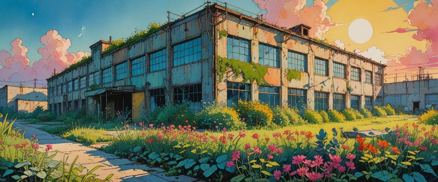 Abandoned Warehouse Bathed in Cheerful Morning Sunlight