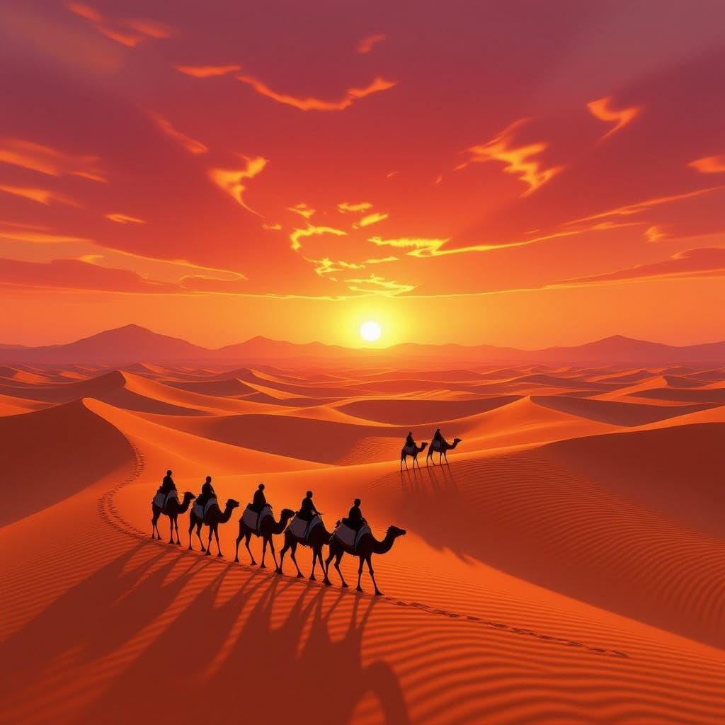 Crimson Sunset Desert Caravan with Shimmering Mirages