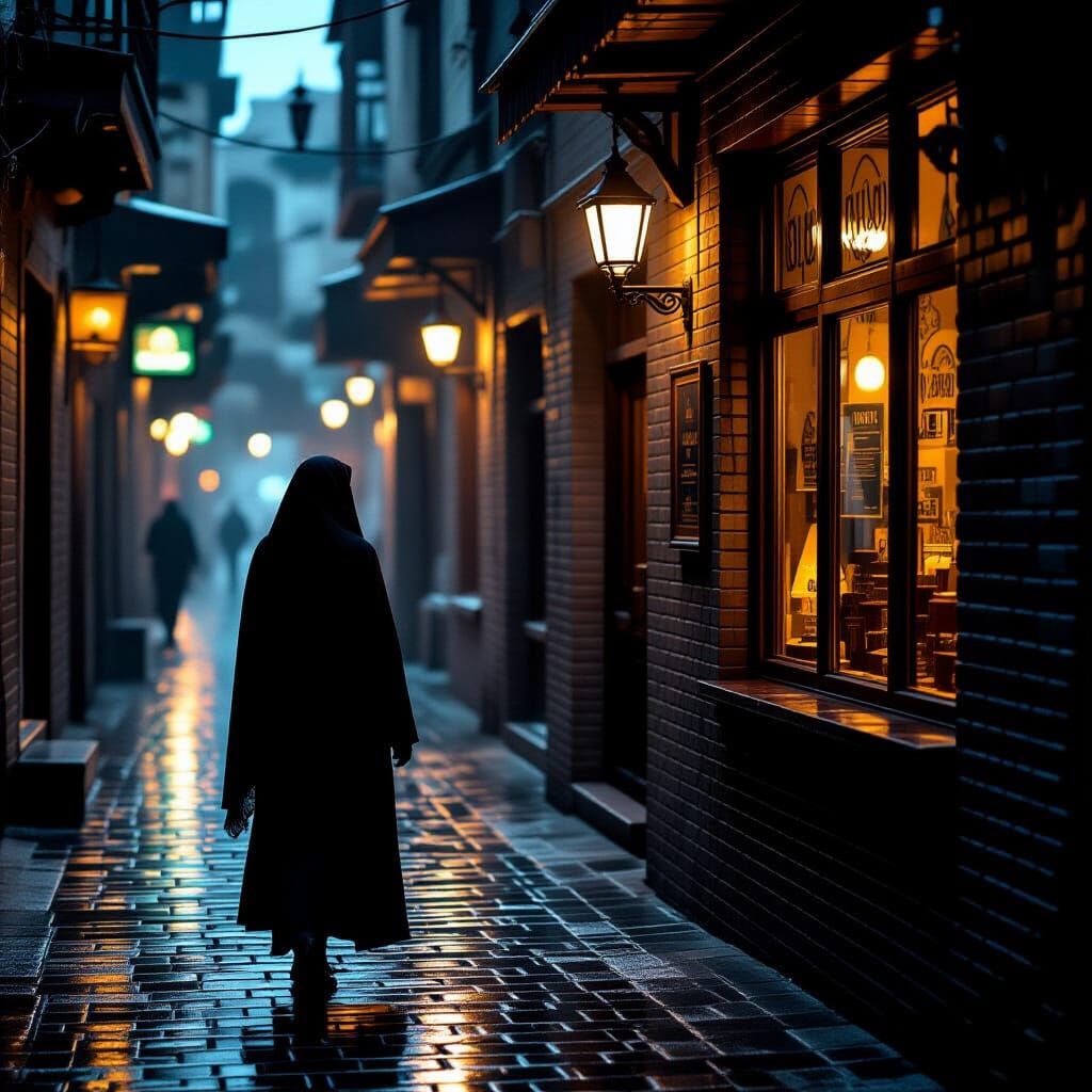 Iranian Woman Peers into Tavern Window in Film Noir Style