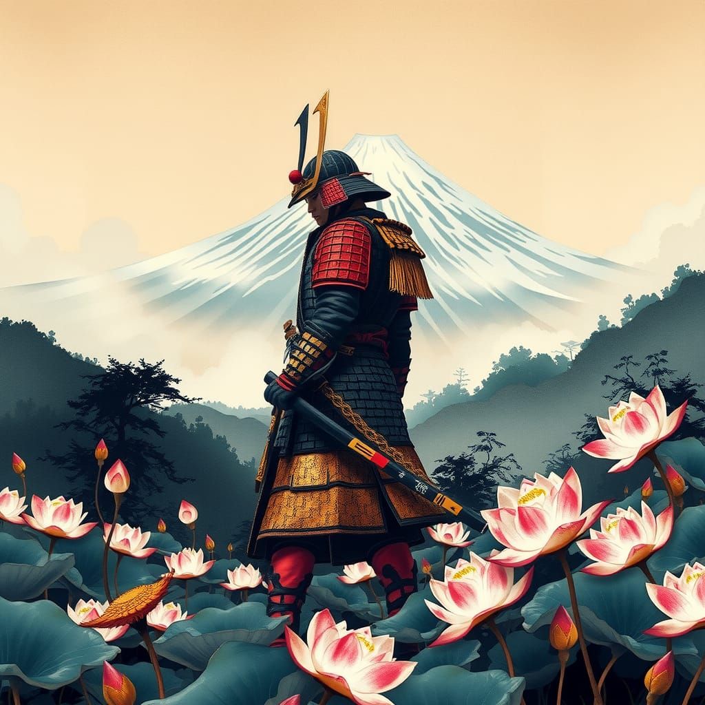 В стиле Укие-э, гравюра на дереве "Самурай"