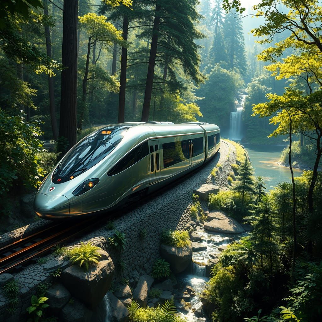 Sleek Bullet Train Zooms Through Enchanted Forest Landscape