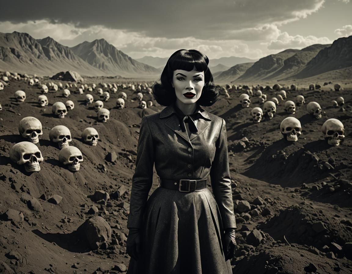 Sinister Bettie Page Portrait in Apocalyptic Landscape