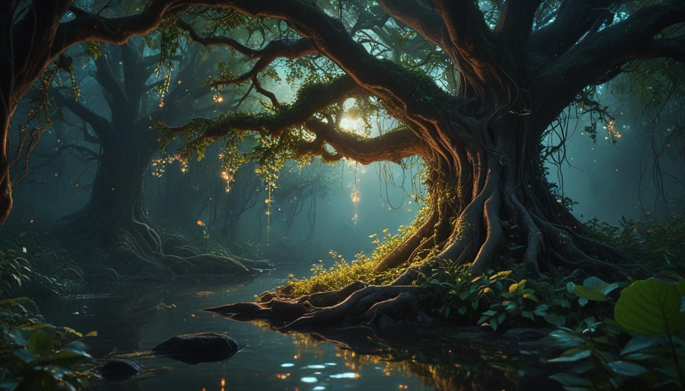 Lush Jungle Hut with Fireflies in Visionary Art Style