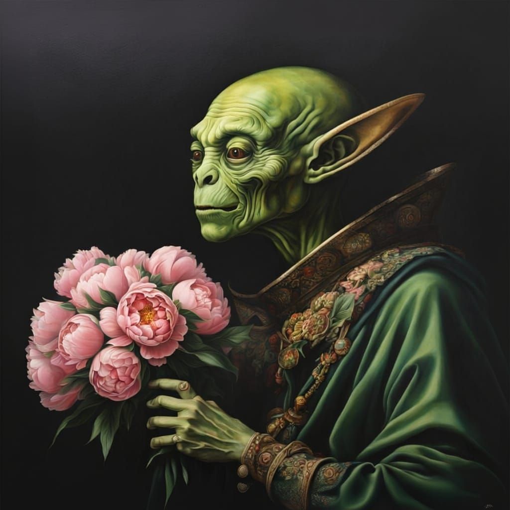 Green Alien Holds Peonies in Atmospheric Portrait