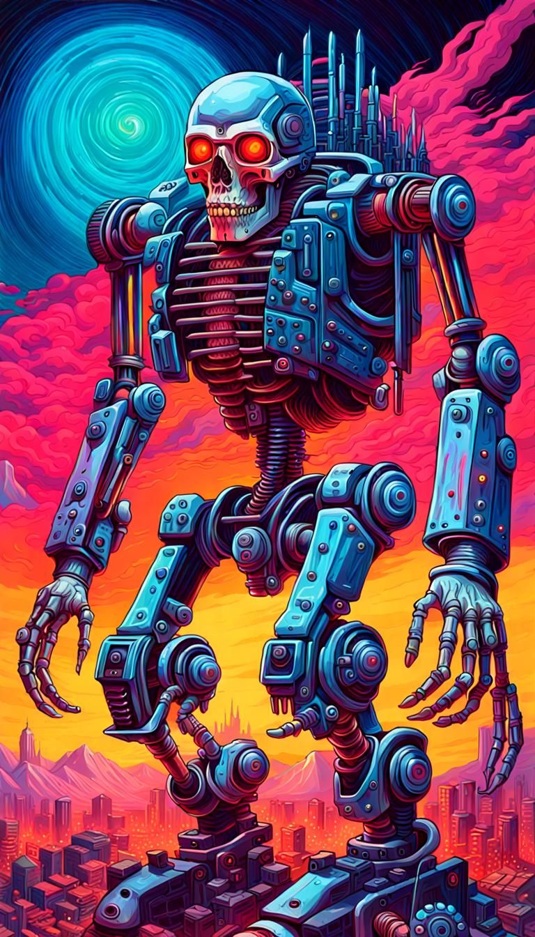 Neon Cyborg: AI Nightmare in Psychedelic Abstract