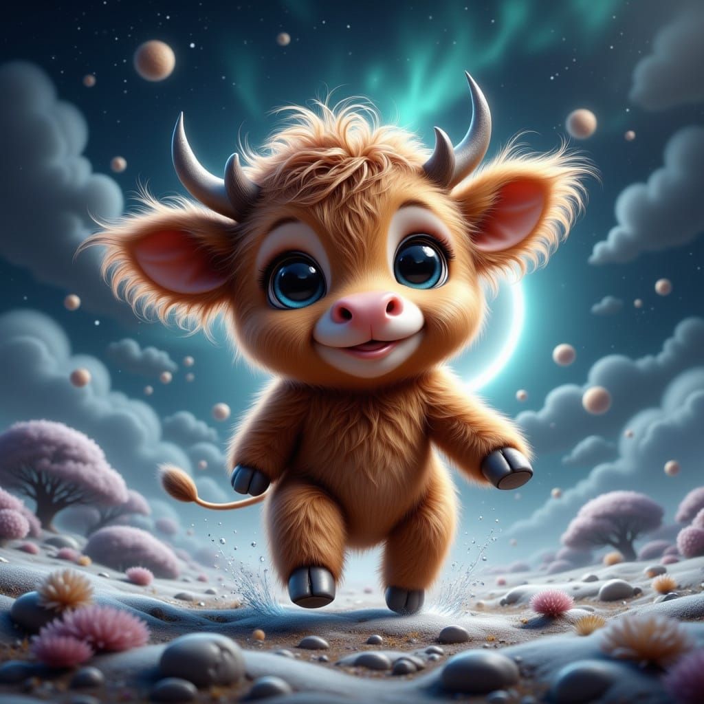 Surreal Highland Cow Moonwalker in Bohemian Whimsy Style