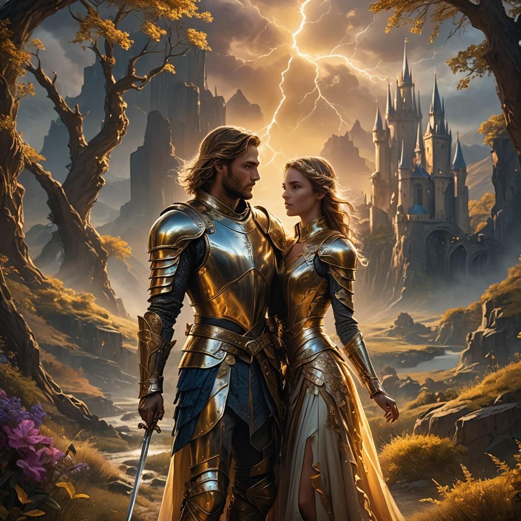 Fantasy Knight and Woman in Dreamlike Landscape