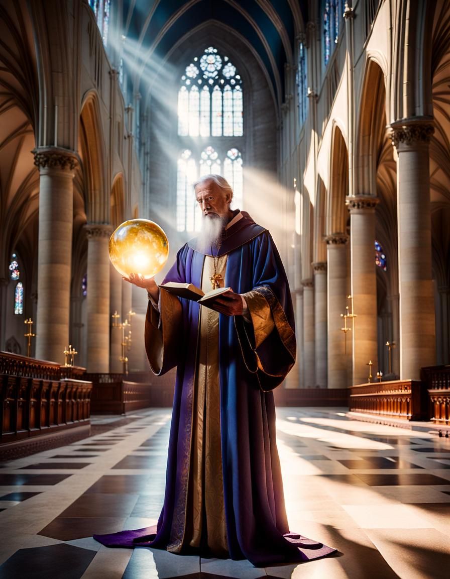 Mystical Figure with Orb in Cathedral: Surrealist Image