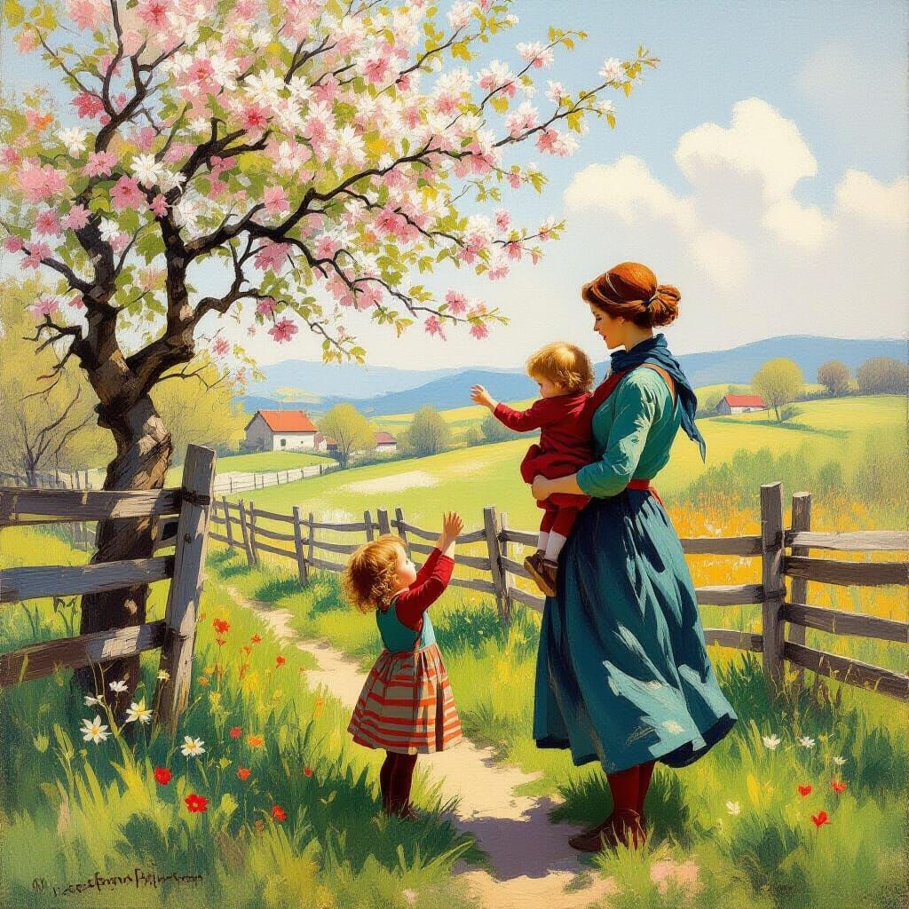 Impressionist Meadow Scene: Mother, Child, and Goat