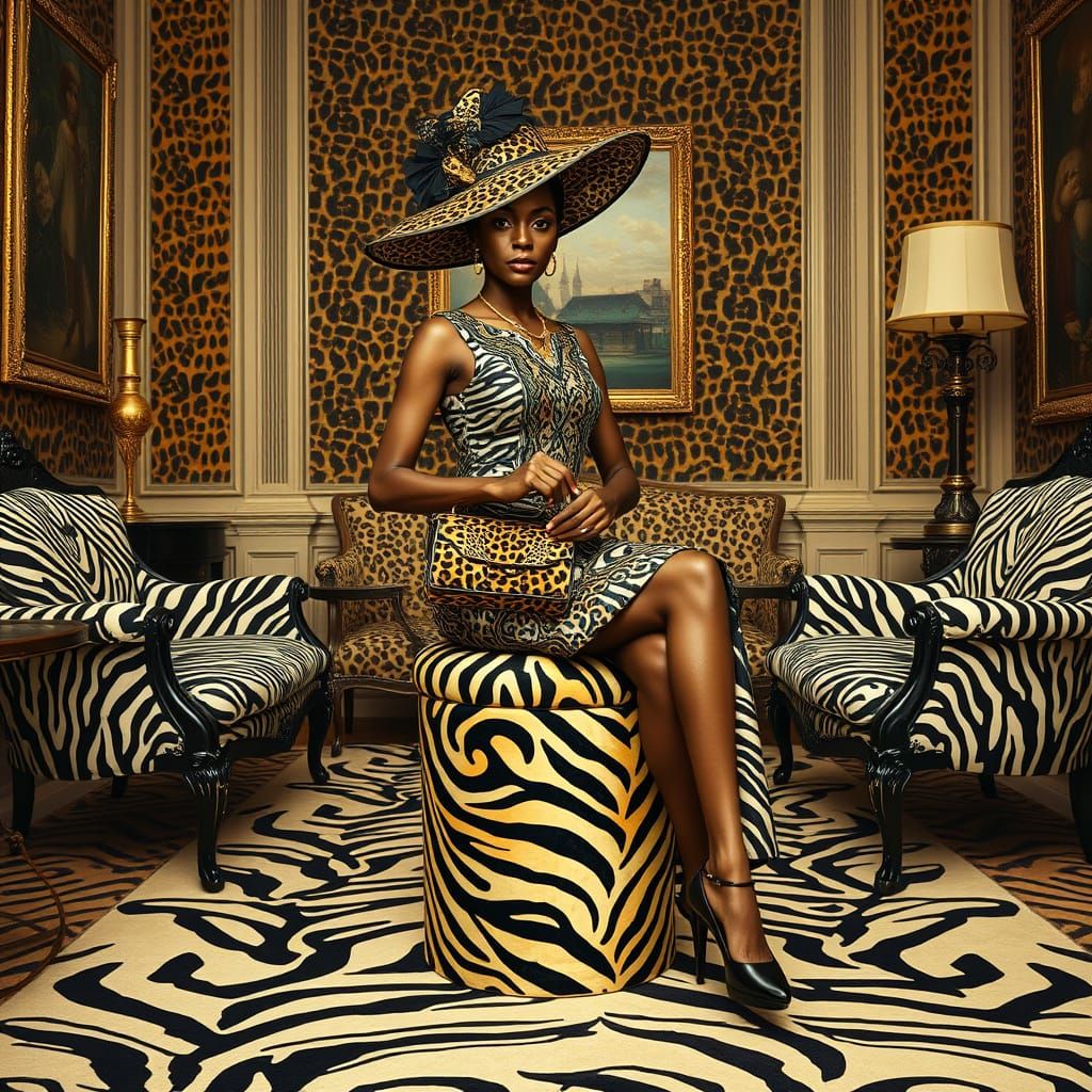 Elegant Zebra and Leopard Print Lady in Opulent Parlor