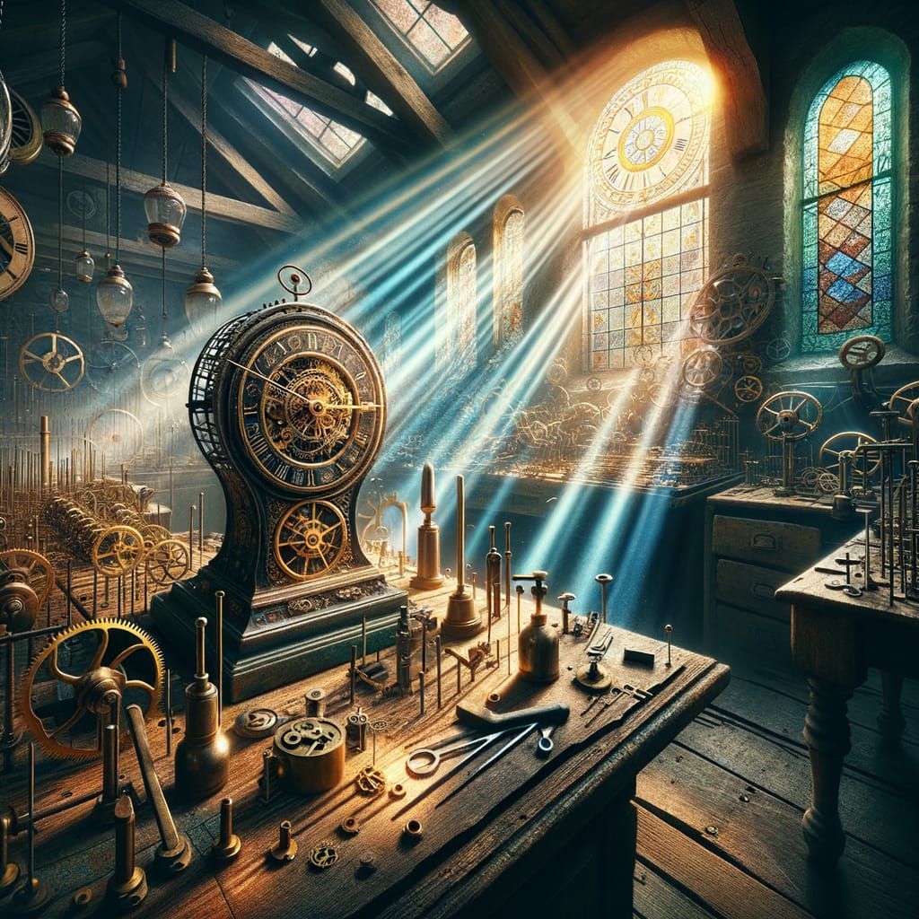 Magical Vintage Solar Clock in Ancient Workshop