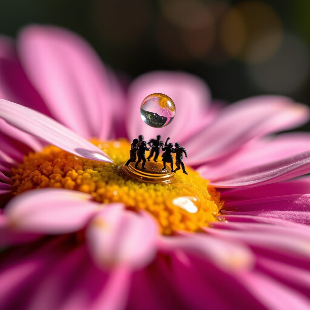 Micro Disco Party on Daisy with Water Droplet