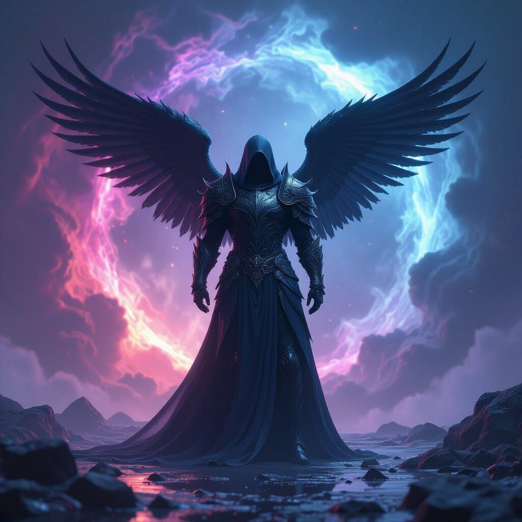 Fallen Angel in Dark Celestial Armor Before Cosmic Void