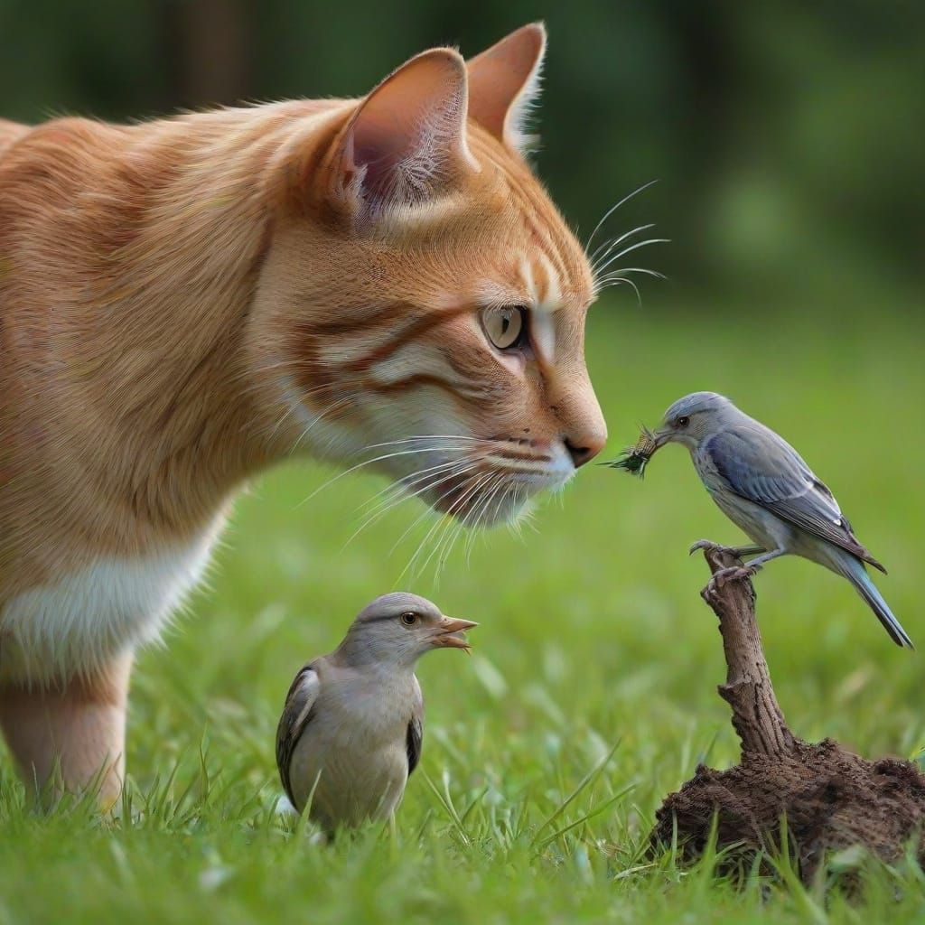 predator house cat and prey bird