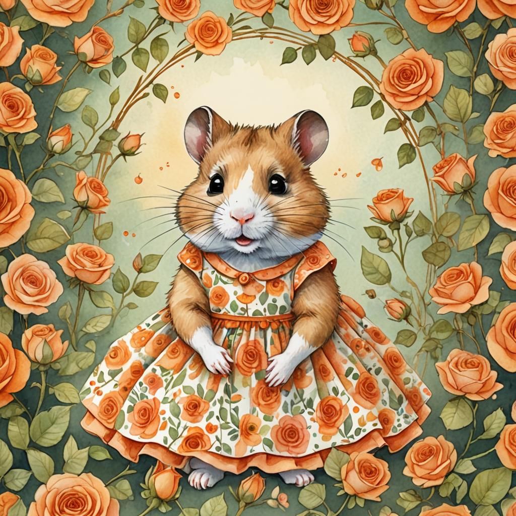Cute Hamster in a Frame of Miniature Roses in a Whimsical Ch...