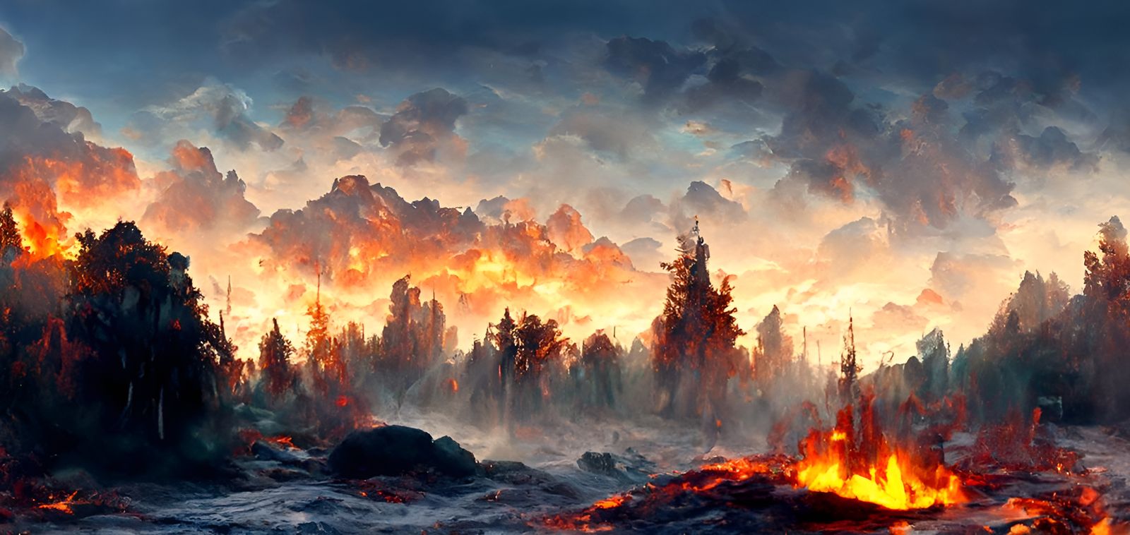 Inferno: Mountain Forest Fire Landscape Painting