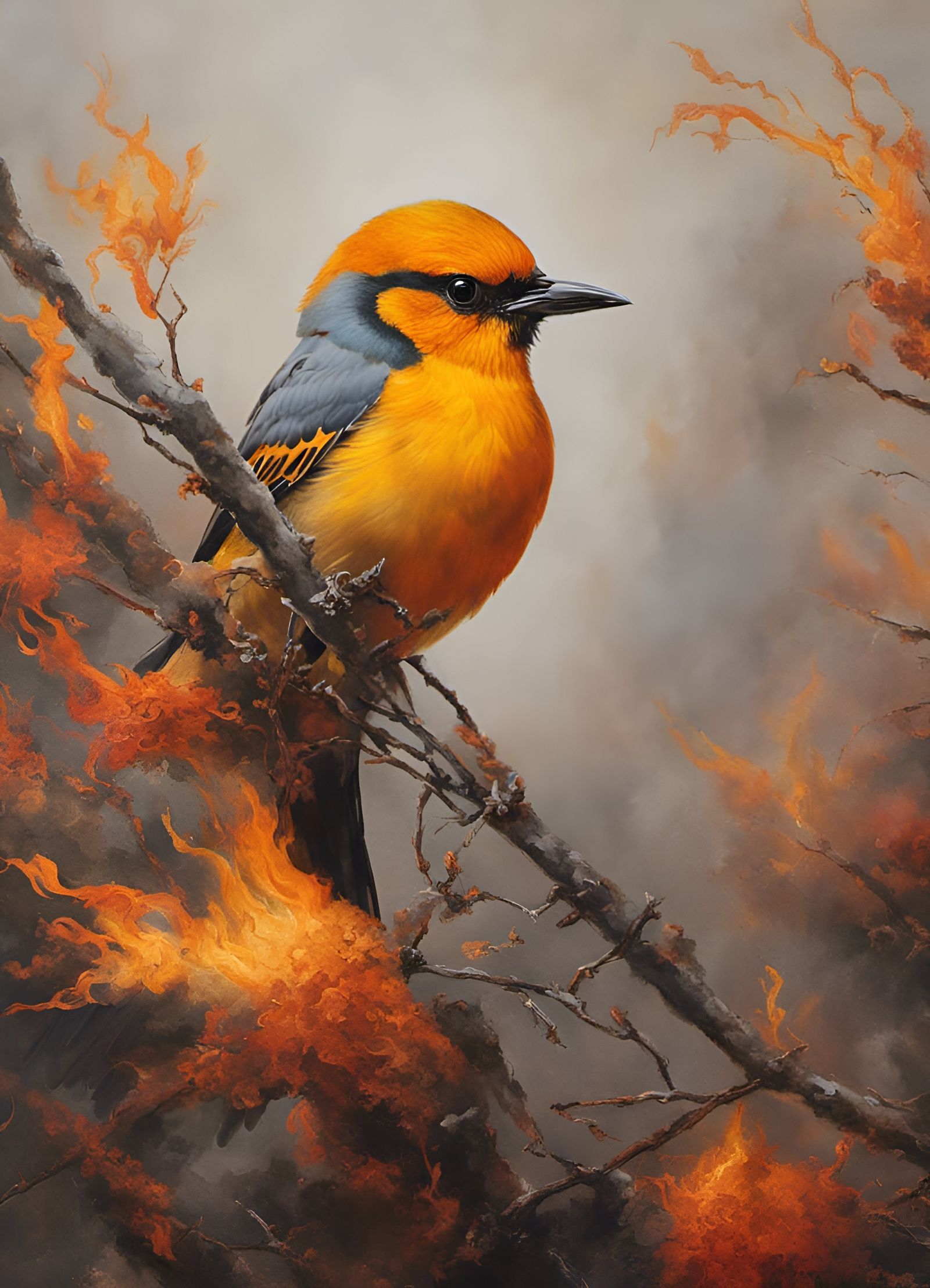 Orange Bird with Fiery Aureola, Photorealistic Style