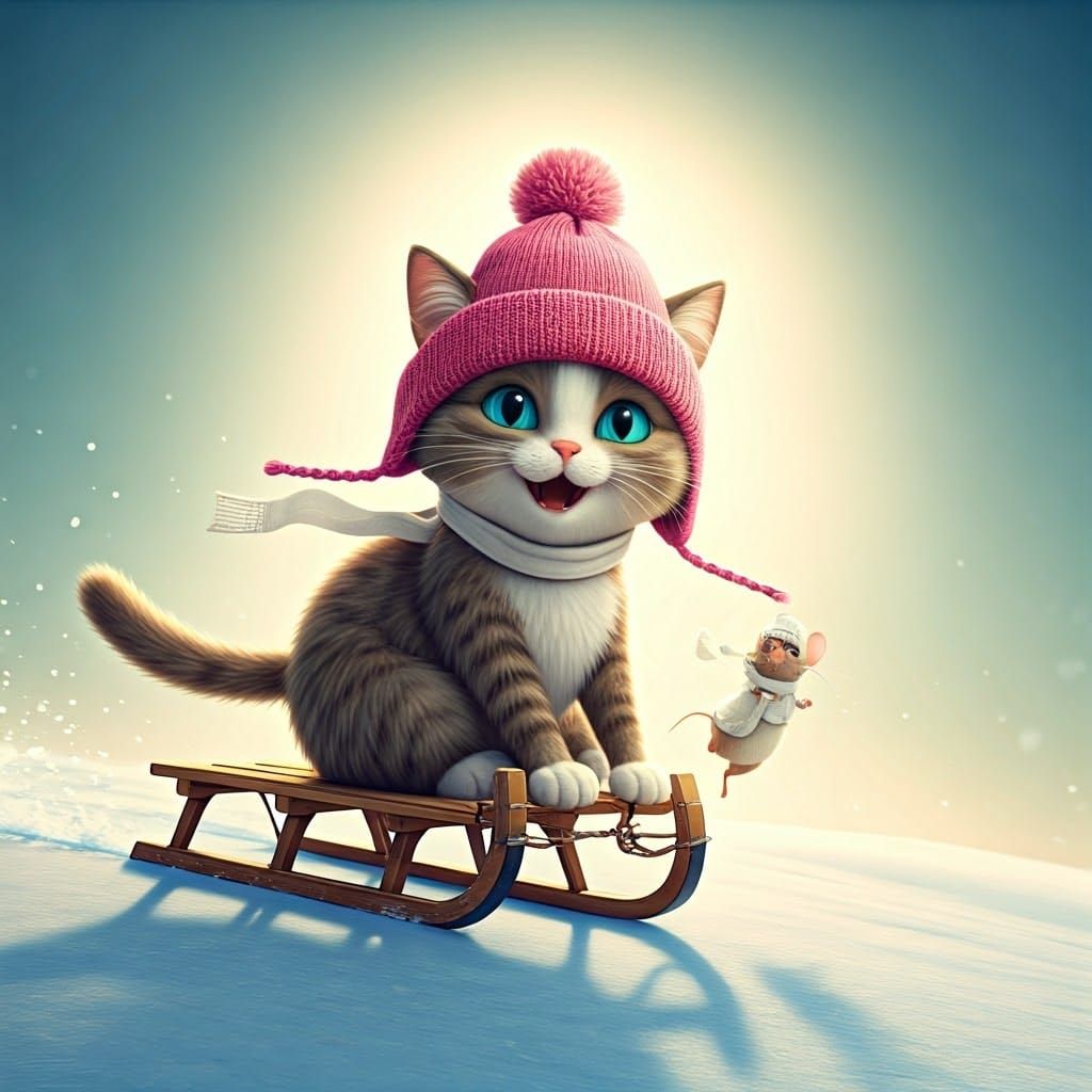 Joyful Ragdoll Cat Sleds Down Snowy Hill with Brown Mouse Fr...