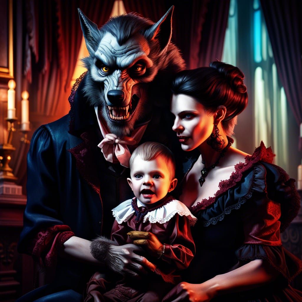 Victorian Family Portrait of Vampire Queen and Werewolf