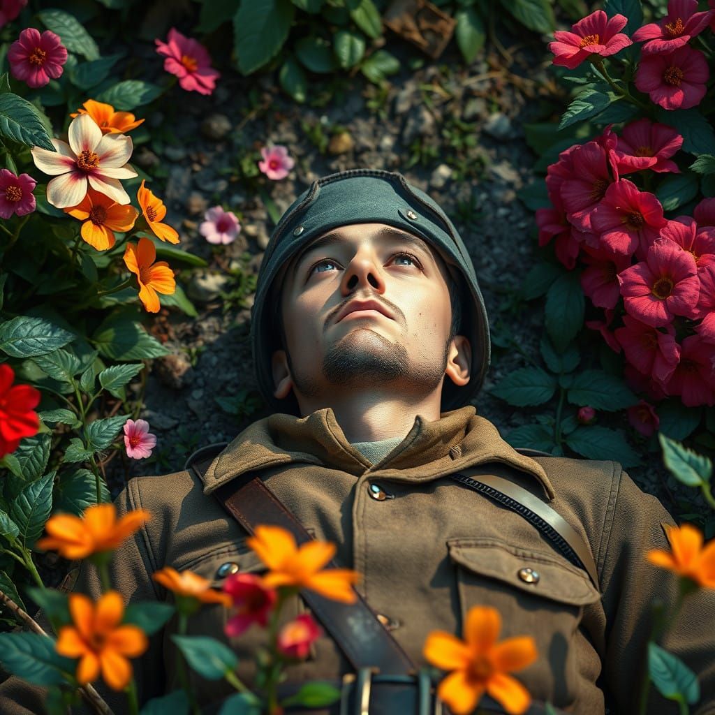 WWII Soldier in Serene Garden with Vibrant Blooms