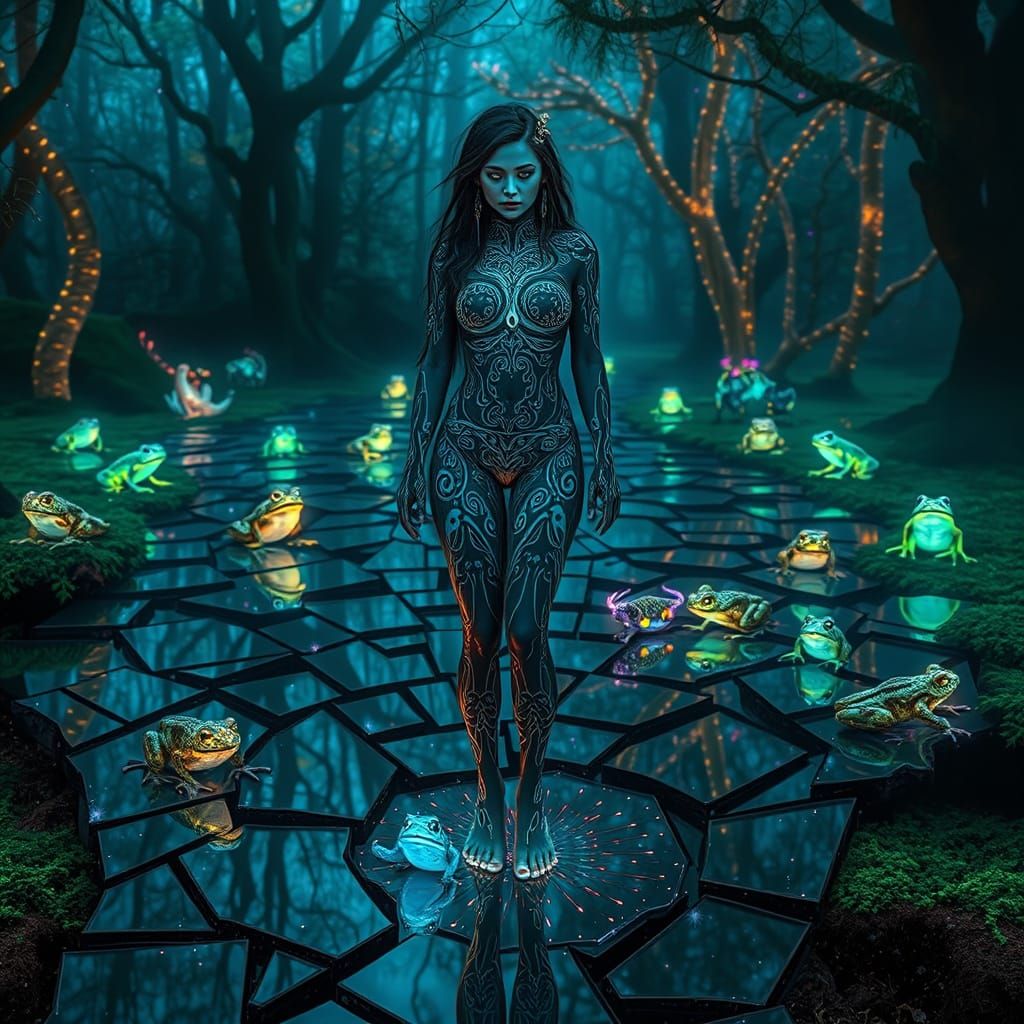Bioluminescent Woman in Forest Glade: Bio-Art Surrealism