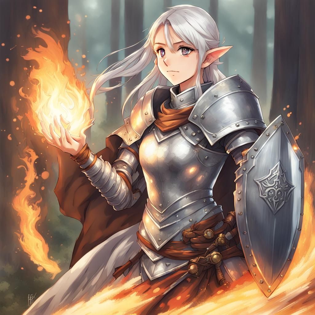 Female Elf Cleric Casts Fire Spell in Anime Style