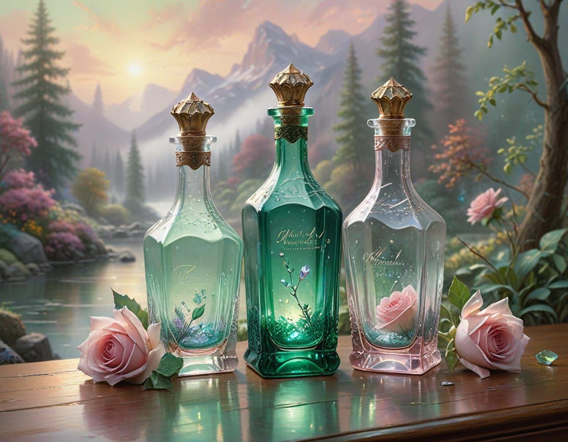 Emerald and Rose Crystal Bottles Ethereal Fantasy