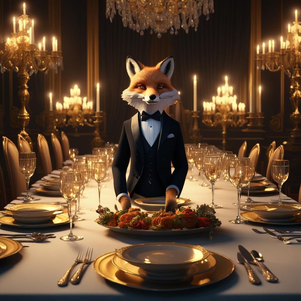 Anthropomorphic Fox in Formal Tuxedo at Luxurious Dinner Par...