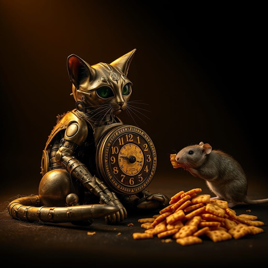 Clockwork Cat Comforted by Rat: Matte Painting