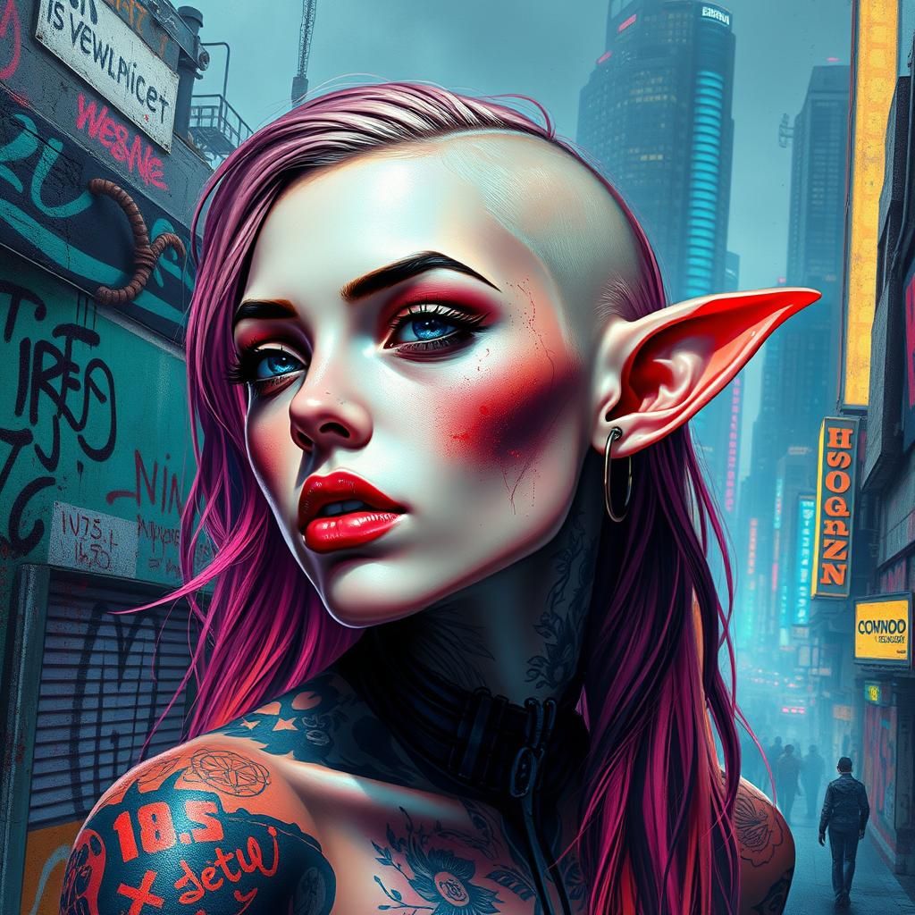 Cyberpunk Elf with Tattoos in Gritty Cityscape