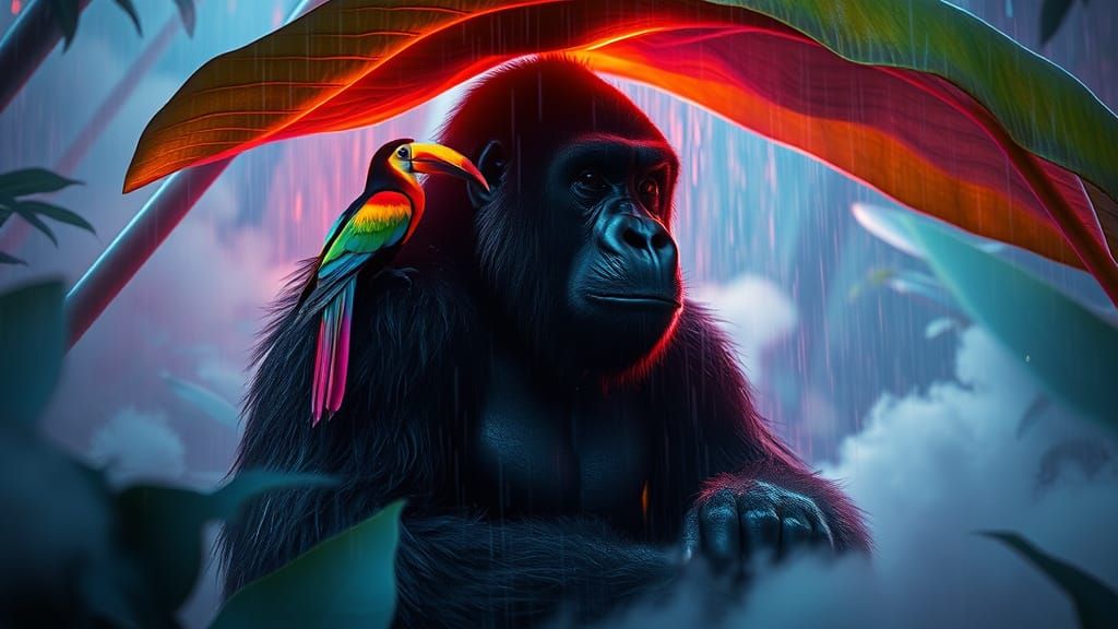 Giant Bioluminescent Gorilla in Misty Congo Jungle