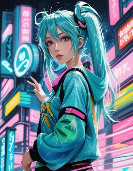 Vibrant Anime-Inspired Watercolor Splash Art of Hatsune Miku