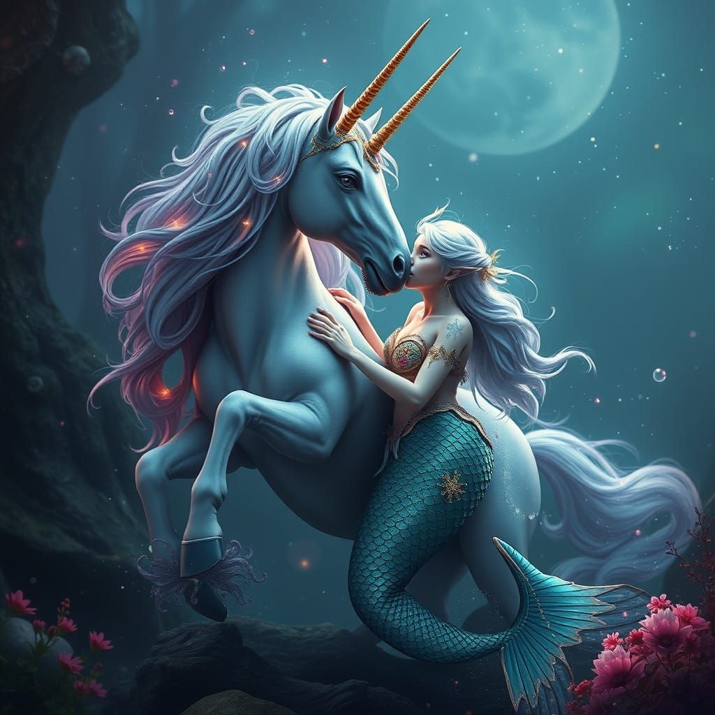 Enchanted Unicorn and Magical Mermaid in Dreamy Fantasy Land...