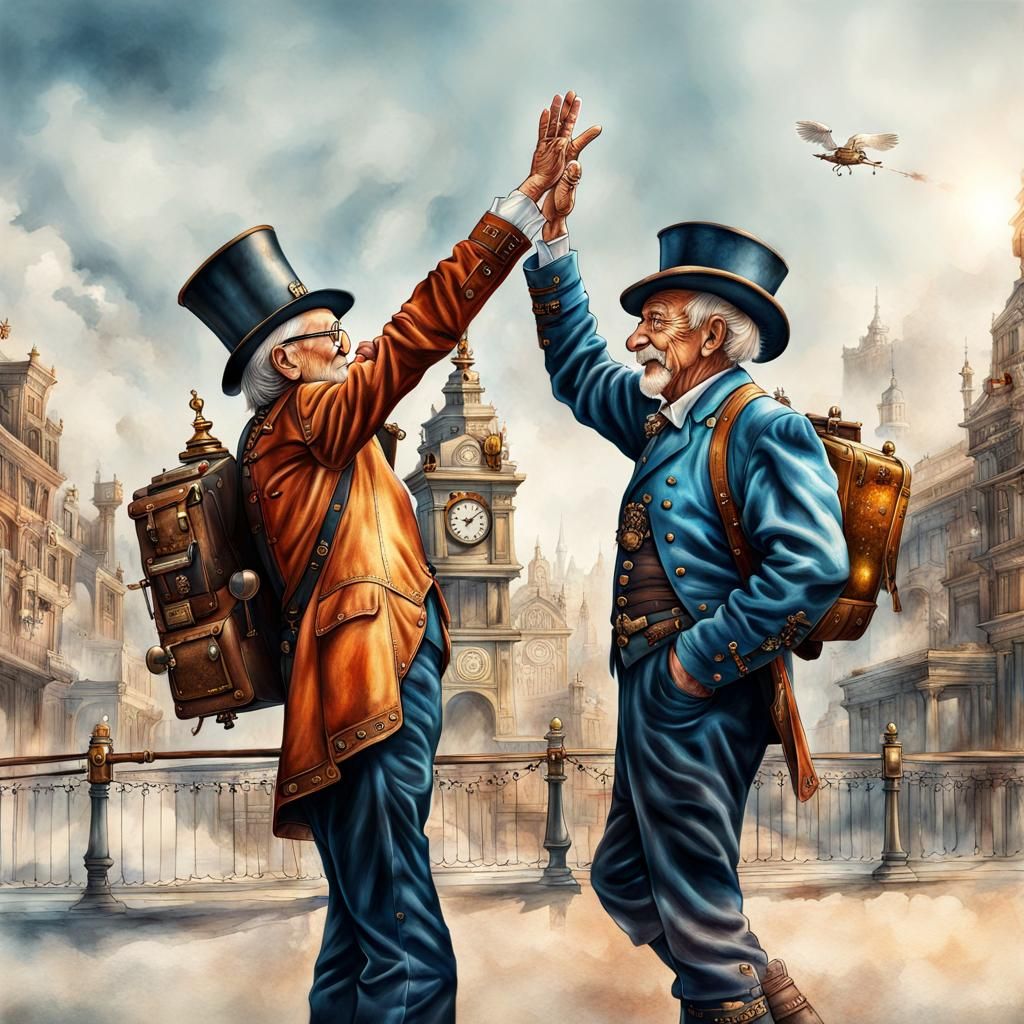 Steampunk Celebration: Old Friends High Five in Splash Art