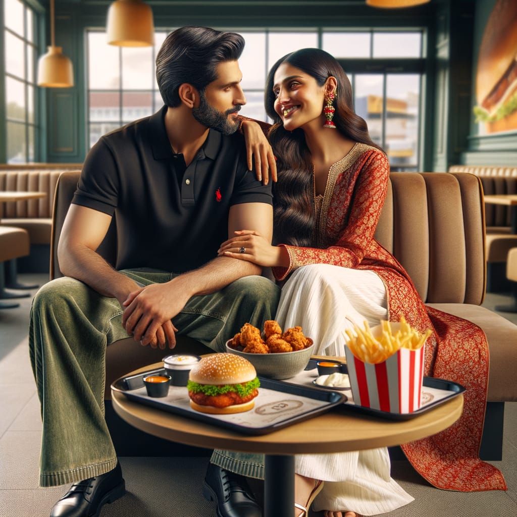 Cozy KFC Restaurant: Indian Couple's Affectionate Moment