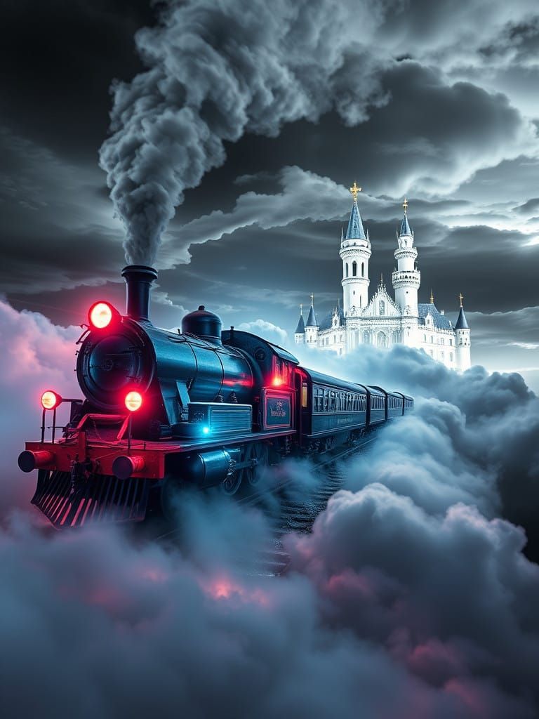Fantasy Train Ride in Ethereal Landscape with White Castle