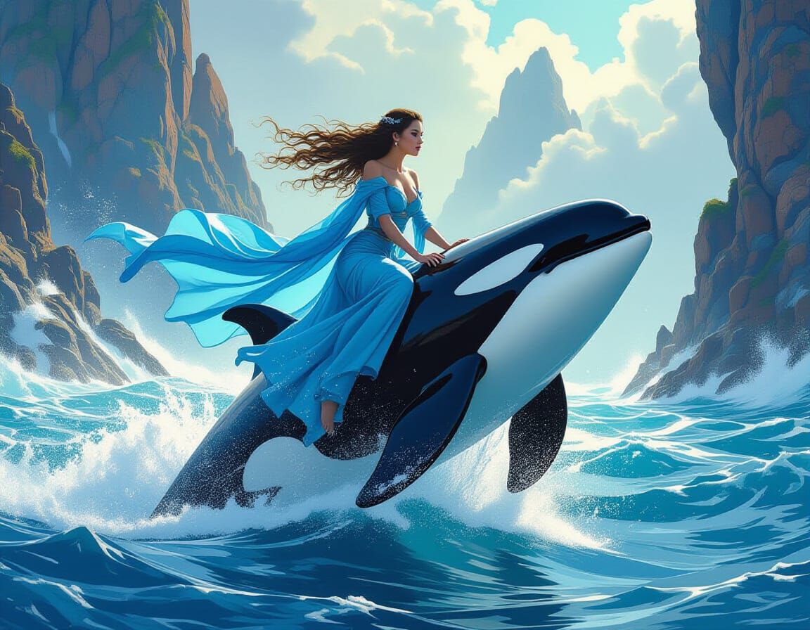 Elegant Sea Goddess Riding Killer Whale in Digital Art