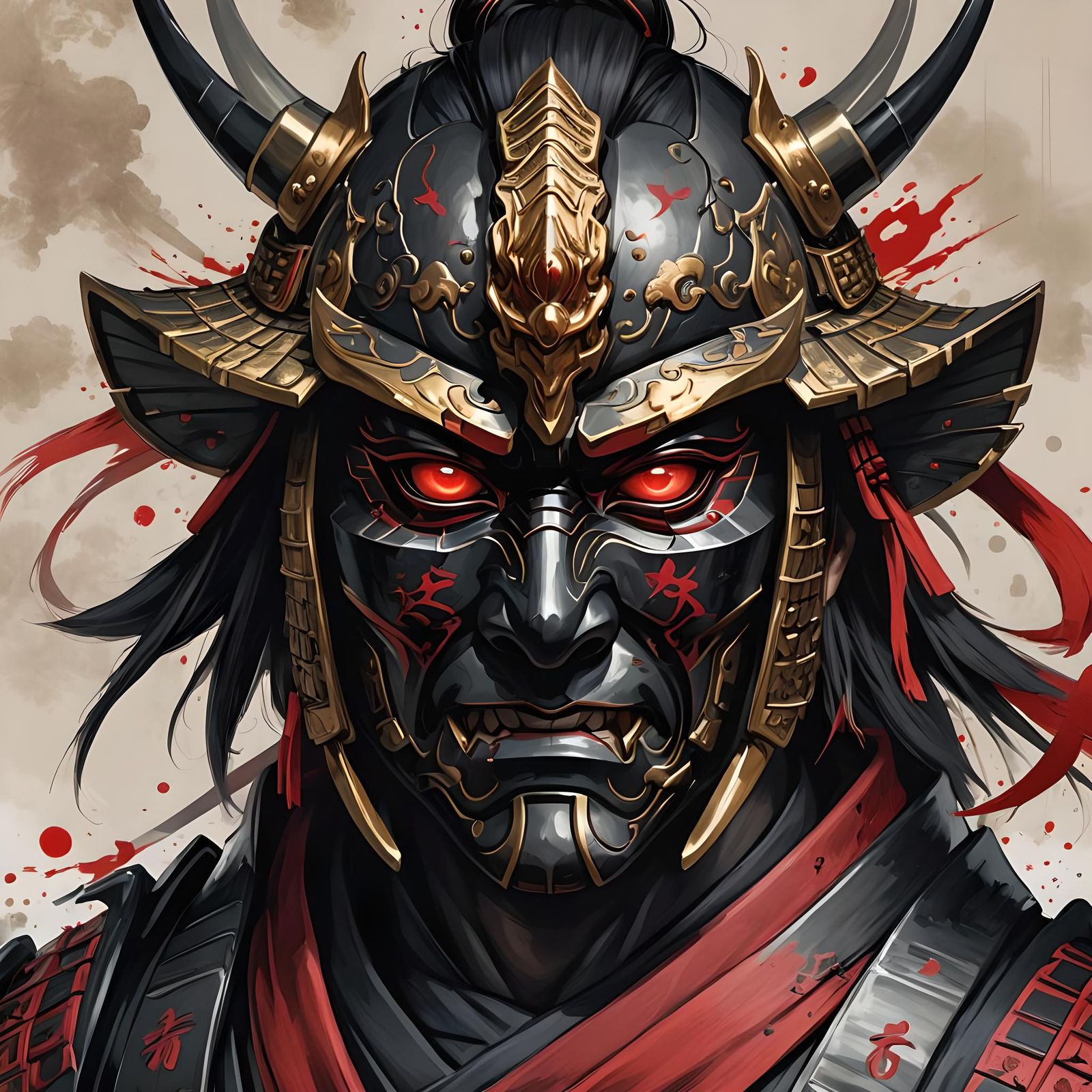 Shogun Portrait with Red Eyes in Anime Style