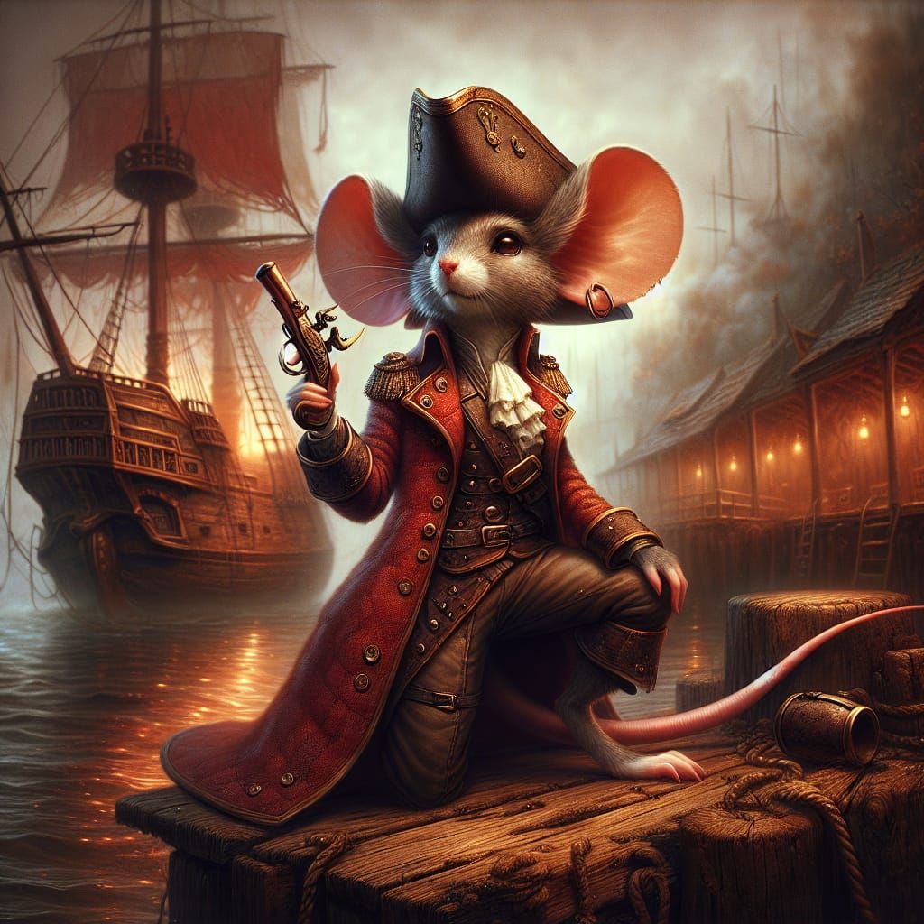A Daring Pirate Mouse in Red Captain's Coat and Tricorn Hat