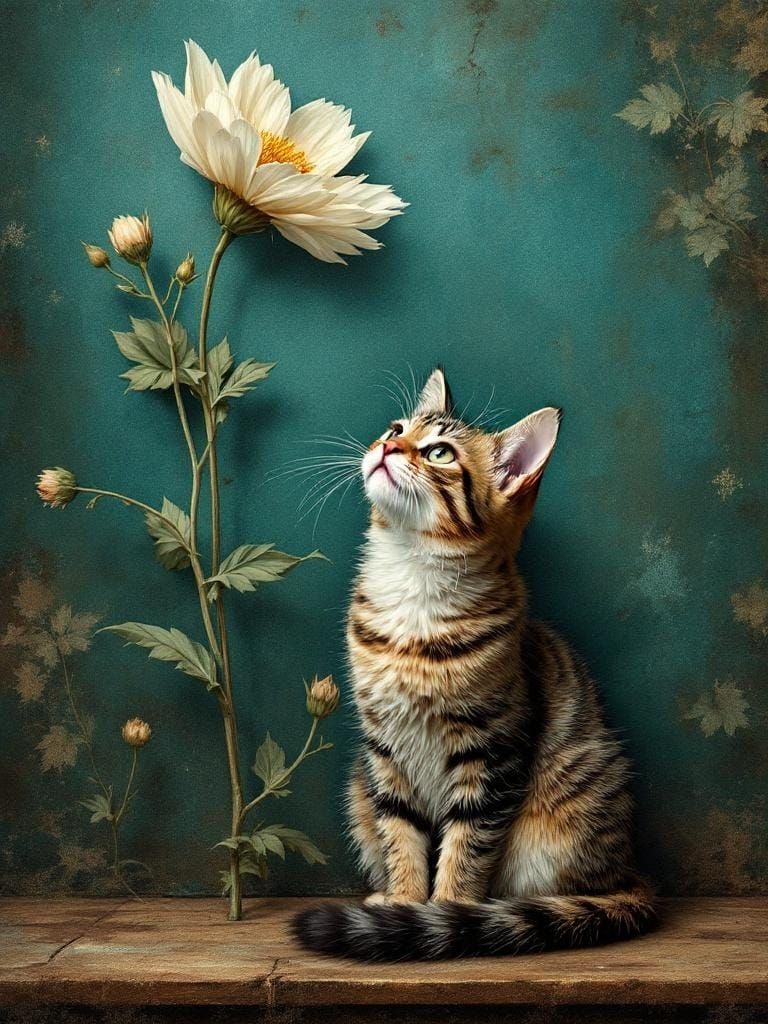 Cat Under Flower with Copper Patina in Tonalist Style