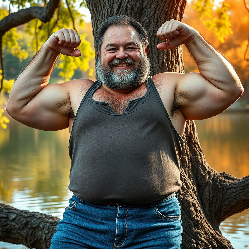 Charming Man Flexing Biceps by Lake, Hyperrealistic Portrait