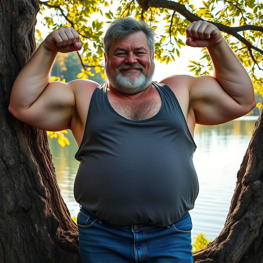 Charming Man Flexing Biceps in Hyperrealistic Digital Art